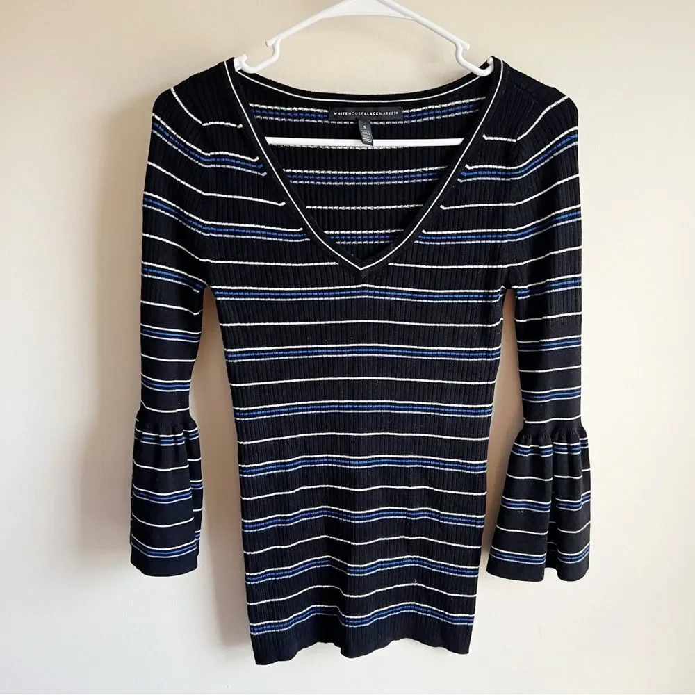 White House Black Market Striped Ribbed Bell Sleeve Pullover Sweater